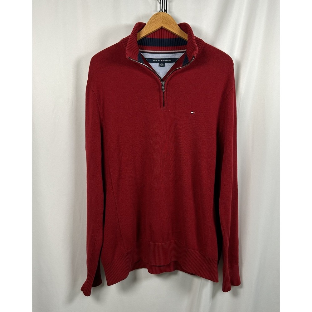 Tommy Hilfiger 1/4 Zip Pullover Red Sweater with Small Logo Men's XL Retro Y2K